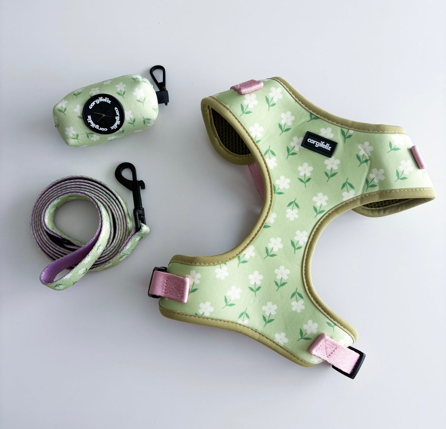 Pack "Camomille" arnés ajustable, correa, porta bolsas